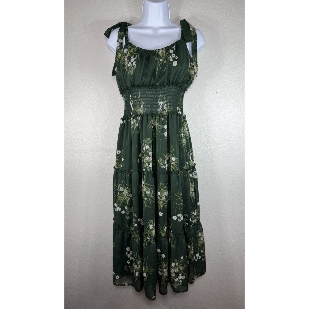Trixxi dark green floral smocked midi dress Size XL tie-shoulder strap